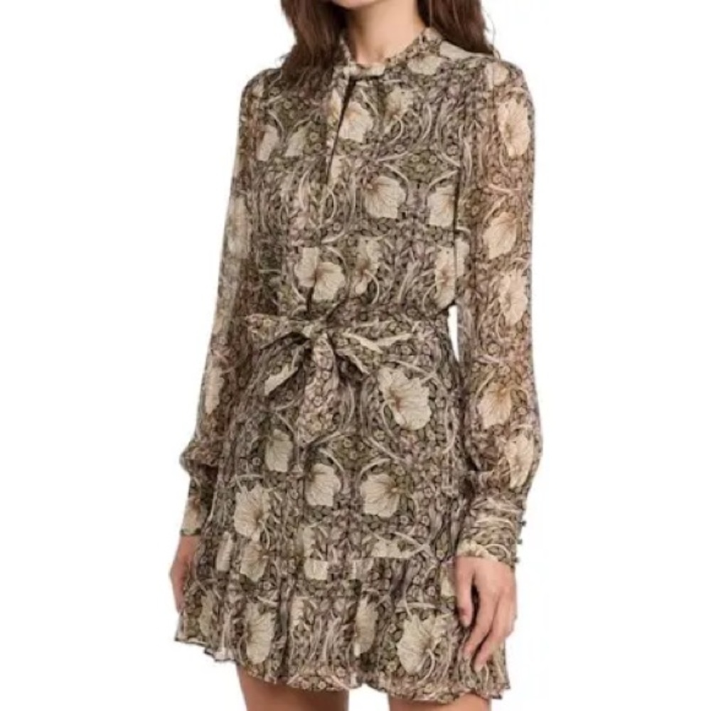 Tie-Neck Long Sleeve Floral Dress in Olive Green